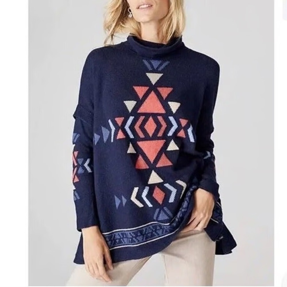 J.Jill navy Aztec oversized tunic poncho knit cowl neck sweater size Large